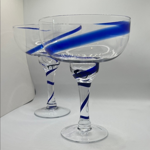 Vintage Pier 1 Blue Swirl Margarita Glasses Set of 2 - Picture 2 of 10